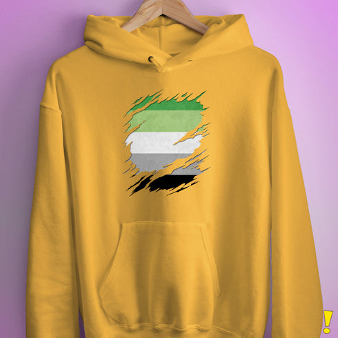 Aromantic Pride Flag Ripped Reveal Hoodie - Mustard